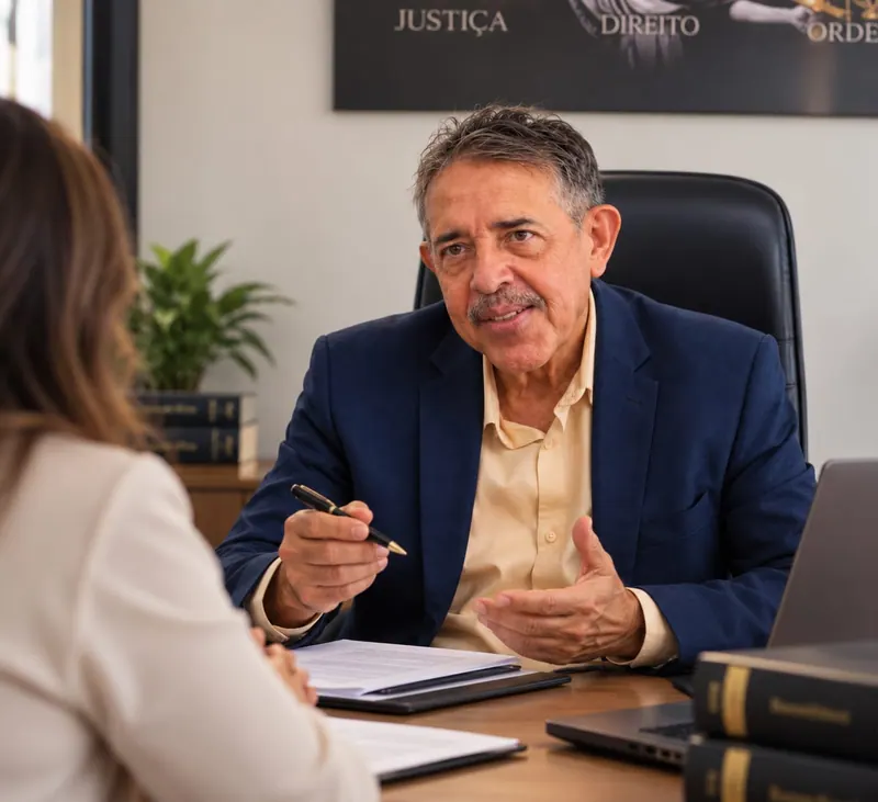 Dr. Eliezer Guilherme conversando em sua mesa, com uma caneta na mão, diante de uma pessoa de costas, com papéis e livros de Direito sobre a mesa